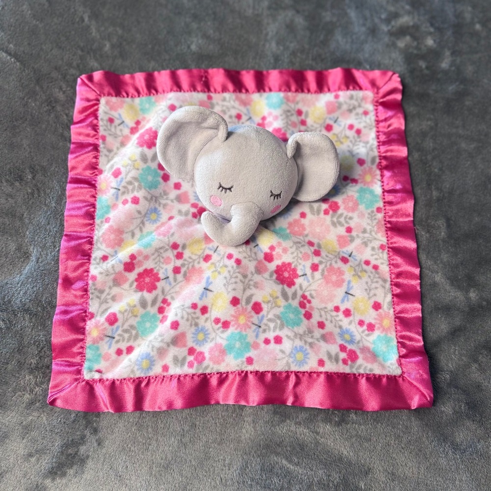 Parents Choice Elephant Lovey Security Blanket Pink Floral Satin Trim 12" Plush